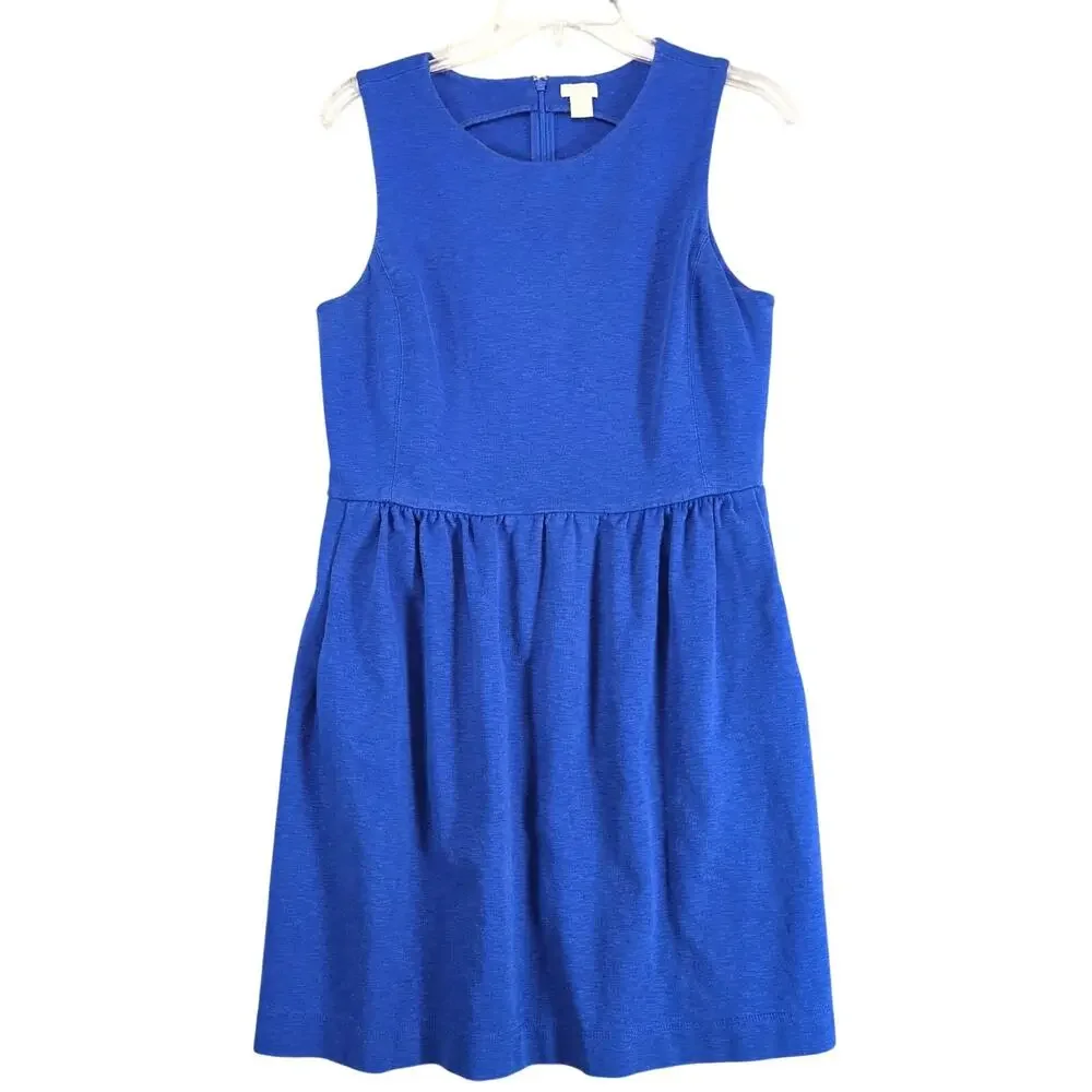 J Crew Blue Pleated Ponte Knit Fit & Flare Dress Sz M Knee-Length‎ Preppy Retro